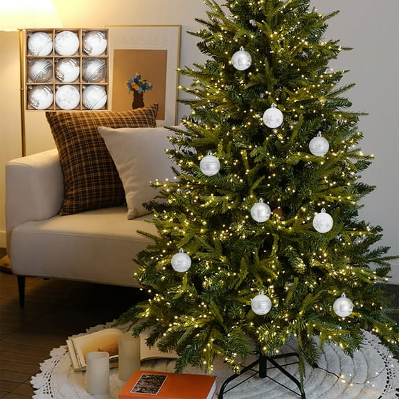 Christmas Ornaments 9pcs Silver and White Baubles Set, 8cm Shatterproof Hanging Christmas Tree Balls with Snowflake and Winter Scene Patterns, Holiday Decorations for Xmas Trees