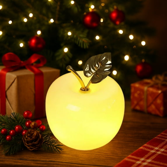 Christmas Ornaments Apple Shape Night Light with Metal Leaves - Amber Glow Lamp for Bedroom Decor Countertop Decoration Housewarming Presents