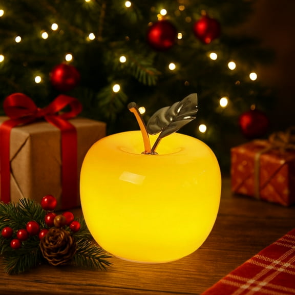 Christmas Ornaments Apple Shape Night Light with Metal Leaves - Amber Glow Lamp for Bedroom Decor Countertop Decoration Housewarming Presents