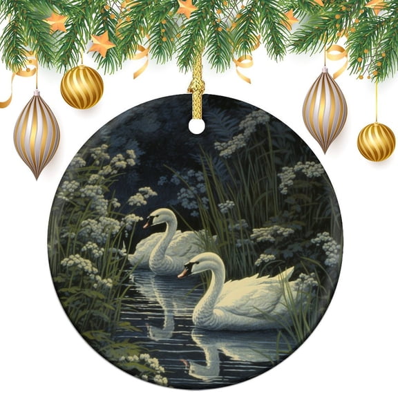 Christmas Ornaments Beautiful Cartoon Romantic Swan Christmas Decor Ceramic Ornament Christmas Tree Decoration Gifts for Women Men Two Swans Swimming Near A Bush Christmas Tree Ornaments
