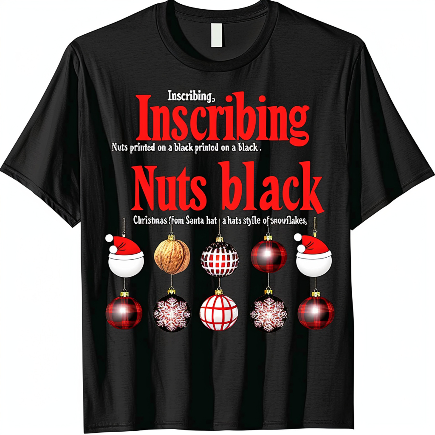 Christmas Ornaments Black TShirt with Santa Hat Design Festive Holiday