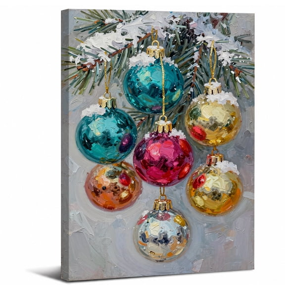 Christmas Ornaments Canvas Wall Art Framed,Snow Dusted Pine Branch Landscape canvas print for bathroom bedroom or living room decor,8x12in