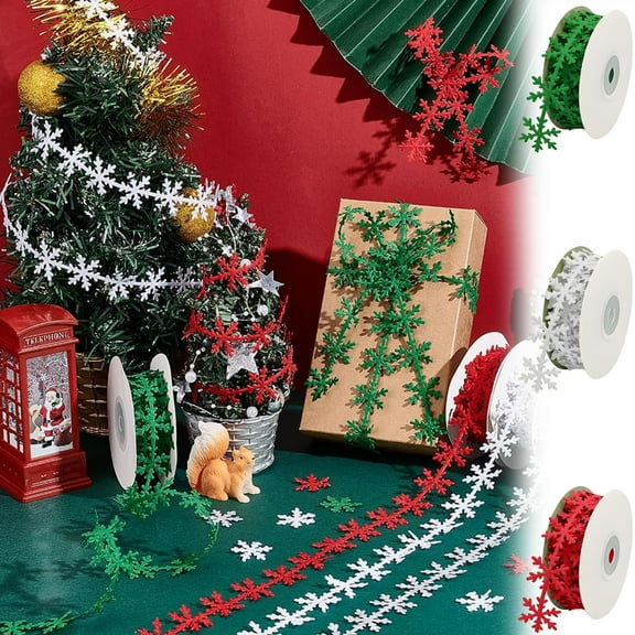 Christmas Ornaments Christmas Snowflake Ribbon Gift Wrapping Embossed Ribbon Holiday Desktop Window Fireplace Red Wine Bottle Decoration Total Length Of Ribbon 196.85 Inches