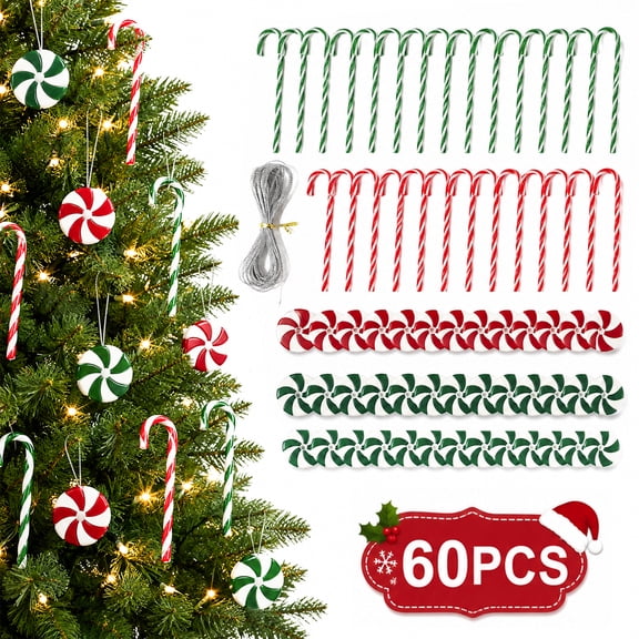 Candy Cane Ornaments for Christmas Tree Peppermint Christmas Dcor Hanging Decor for Xmas Tree Wreath Party Supplies 60Pcs