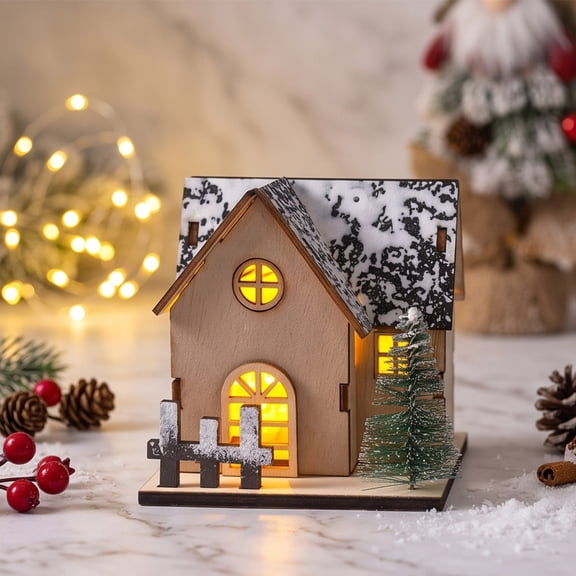 Christmas Ornaments DIY Wooden House Kit, Luminous LED Wooden Christmas Houses, Multicolor Desktop Decorations, 4.72x3.74x3.3in Winter Holiday Decor