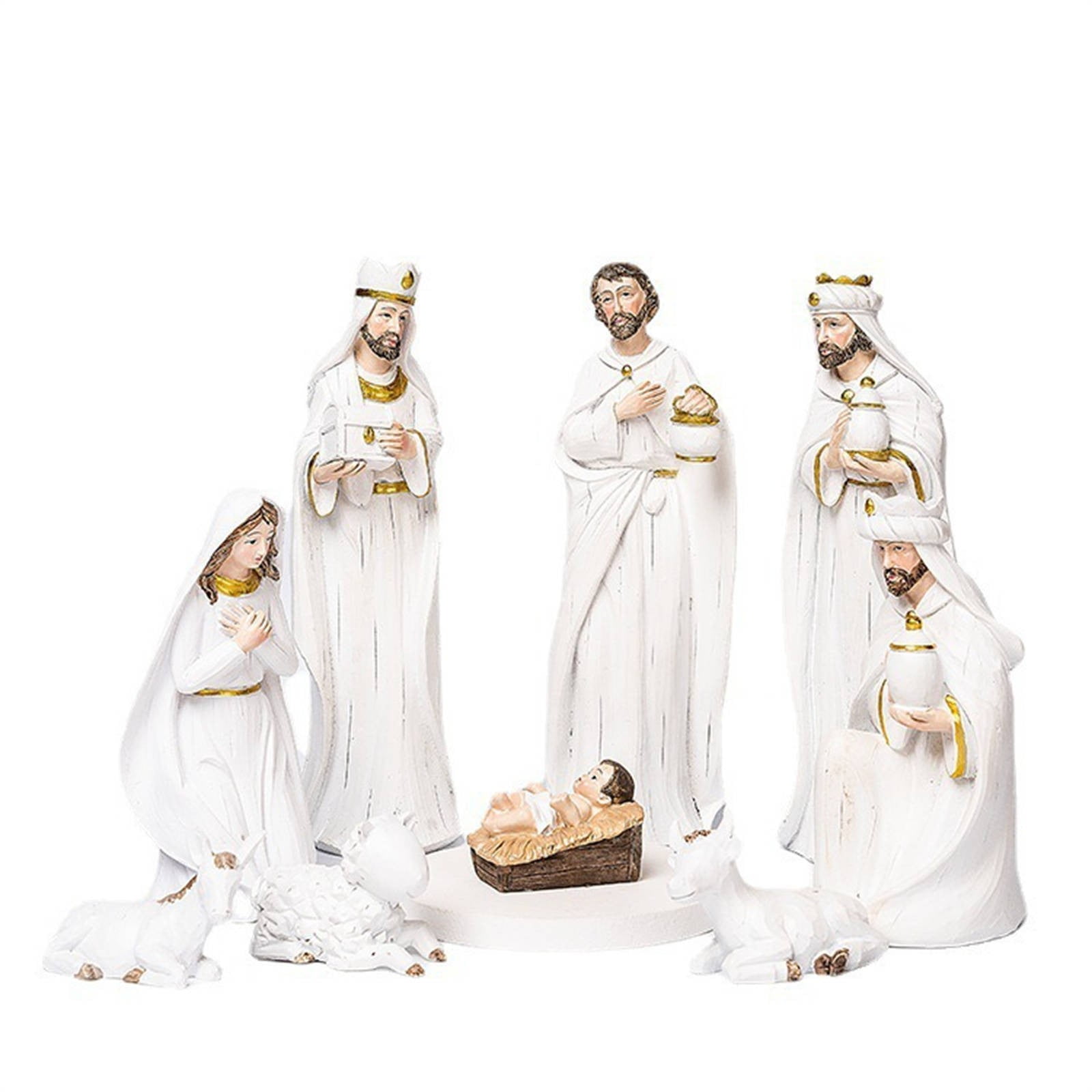 Hand-Painted White Resin Nativity Scene 7.5" Holiday Set