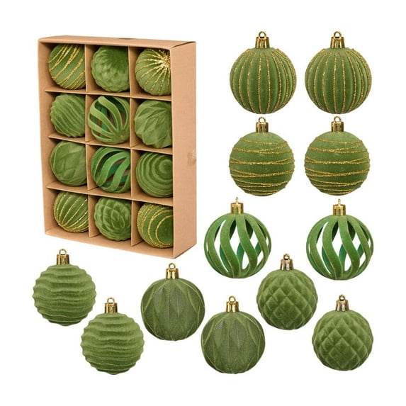Christmas Ornaments, Flocked Christmas Balls, 12 Piece Christmas Tree Decoration Set with Multiple Colors and Shapes, Lightweight Suede Material for Home, Office, Party, Holiday Seasonal Decor