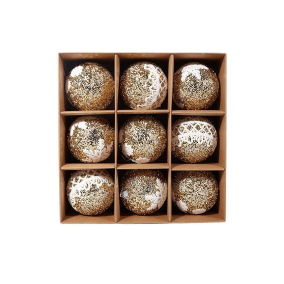Christmas Ornaments Gold Glitter 9 Pack Shatterproof Balls with White Lace Trim for Christmas Tree Decorations Holiday Season Home Display