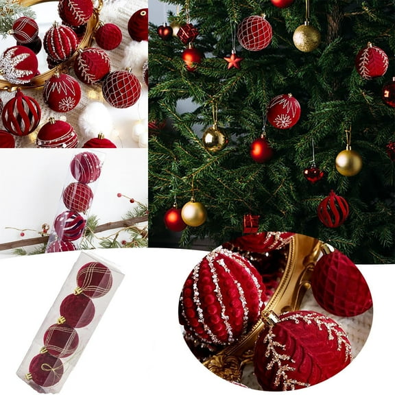 Christmas Ornaments Hand Painted Festive Spheres Dark Red Velvet Flocked Decorative Globes Pearl Finished For Holiday Scene Arrangement Hangs Easy To Use