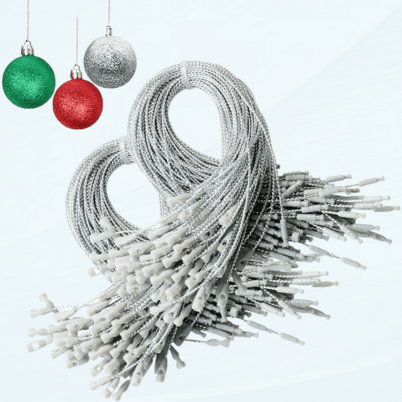 Christmas Ornaments Hanger String 200Pcs Silver Ribbon Ornament Hook Ropes Precut String with Snaps Locking for Xmas Ornament Hanging Decorations