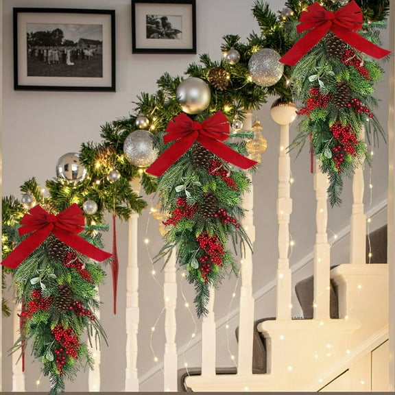 Christmas Ornaments, Holiday Hanging Decorations, Upside Down Water Drop Pendant With Bow Red Berry Flocking Rattan Wreath Arrangement For Tree Wall Display Festive Indoor Outdoor Décor