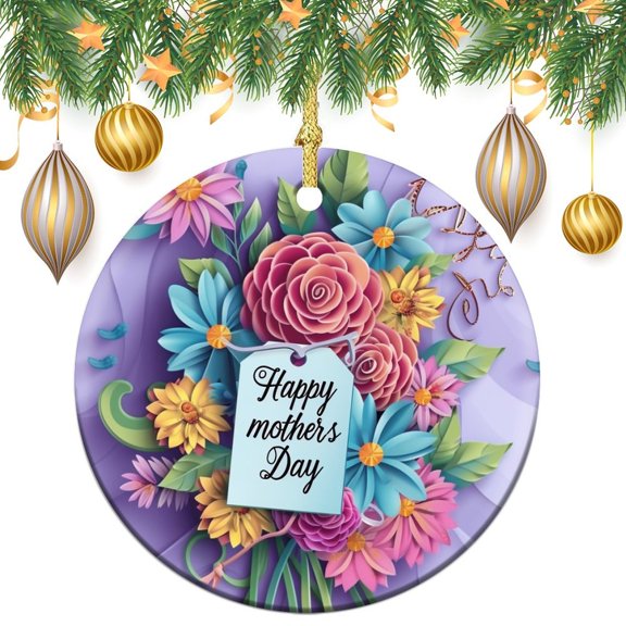 Christmas Ornaments Mom Mama Mother's Day Custom 3" Ceramic 2024 Xmas Ornament Christmas Decorations Ceramic Ornaments Mothers Day Bouquet Purple Flowers Ceramic Ornament