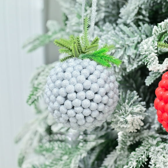 Christmas Ornaments, Purple Glitter Foam Berry Ball Ornament with Green Leaves Christmas Tree Hanging Decoration Holiday Party Home Decor Candy Style 2025 Trendy Pendant
