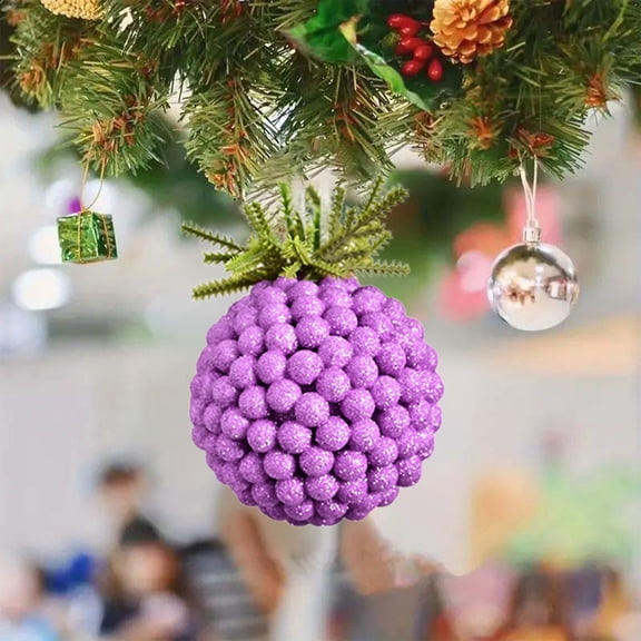 Christmas Ornaments, Purple Glitter Foam Berry Ball Ornament with Green Leaves Christmas Tree Hanging Decoration Holiday Party Home Decor Candy Style 2025 Trendy Pendant