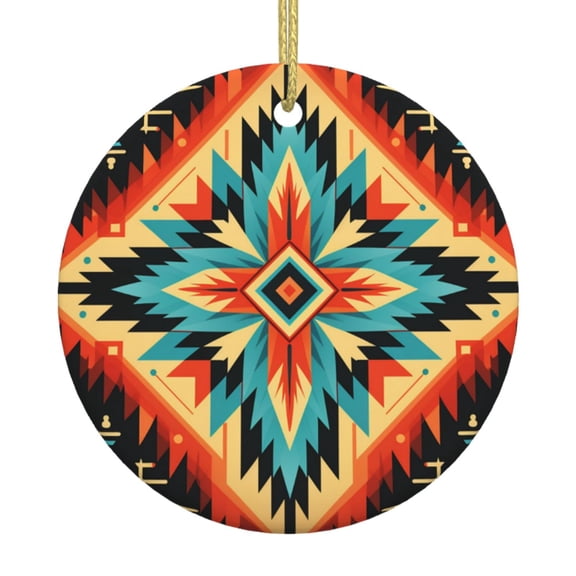 Christmas Ornaments, Round Ceramic Hanging Holiday Decor for Tree Window, Aztec Baja Southwest Native Western Art