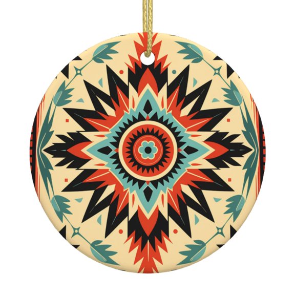 Christmas Ornaments, Round Ceramic Hanging Holiday Decor for Tree Window, Aztec Baja Southwest Native Western