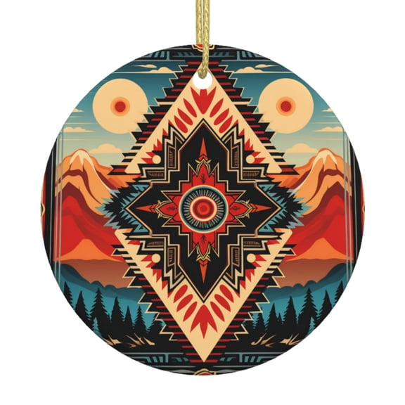 Christmas Ornaments, Round Ceramic Hanging Holiday Decor for Tree Window, Aztec Baja Southwest Western Native Cool