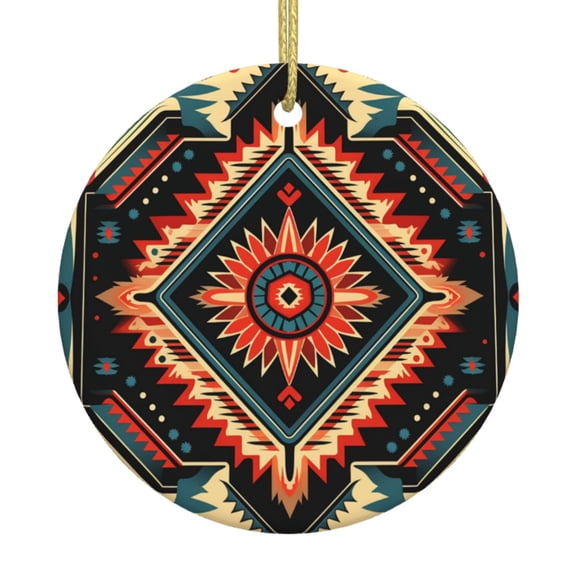 Christmas Ornaments, Round Ceramic Hanging Holiday Decor for Tree Window, Aztec Baja Western Native Southwest