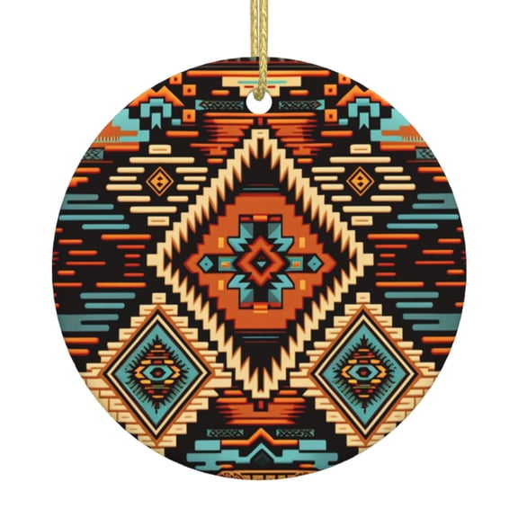 Christmas Ornaments, Round Ceramic Hanging Holiday Decor for Tree Window, Aztec Baja Western Native Southwest