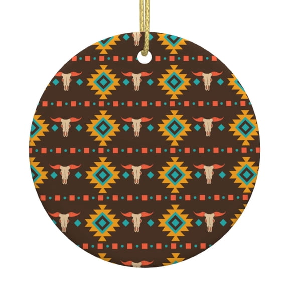 Christmas Ornaments, Round Ceramic Hanging Holiday Decor for Tree Window, Cowboy Western Native