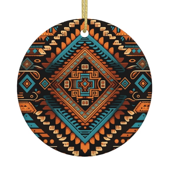 Christmas Ornaments, Round Ceramic Hanging Holiday Decor for Tree Window, Native Southwest Tribal Indian Aztec
