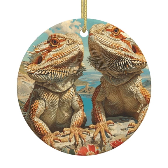 Christmas Ornaments, Round Ceramic Hanging Holiday Decor for Tree Window, Retro Bearded Dragon Lizards