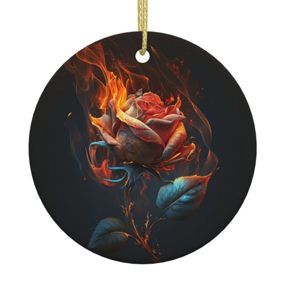 Christmas Ornaments, Round Ceramic Hanging Holiday Decor for Tree Window, Rose On Fire Burning Flaming