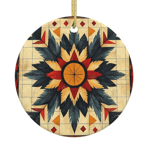 Christmas Ornaments, Round Ceramic Hanging Holiday Decor for Tree Window, Southwest Native Aztec Folk Art Retro