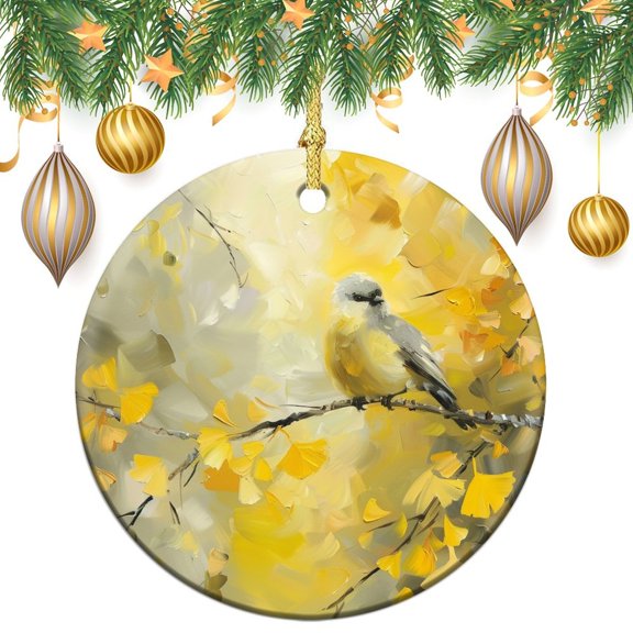 Christmas Ornaments Rustic Animal Bird Christmas Decor Ceramic Ornament Christmas Tree Decoration Gifts for Women Men Oil Painting A Bird with Ginkgo Tree Ceramic Ornament