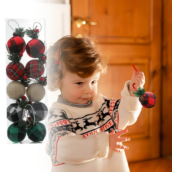 Christmas Ornaments Set, 10pcs 2" Fabric Wrapped Christmas Balls with Pine Needle and Berry Accents, Rustic Farmhouse Style Xmas Tree Hanging Decorations for Holiday Party, Home and Wedding Décor