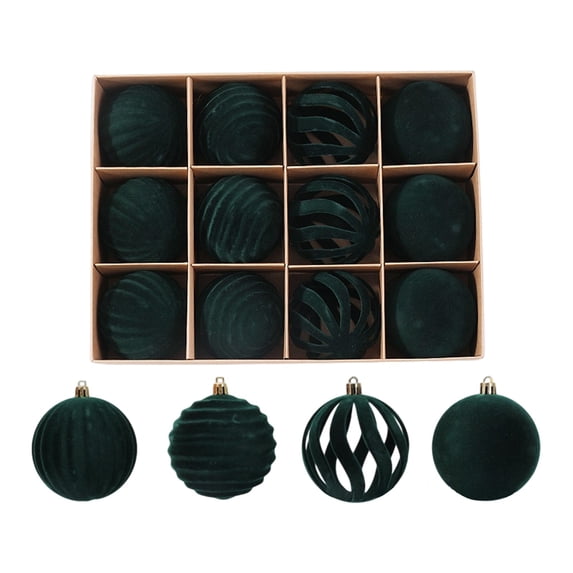 Christmas Ornaments Set of 12 Flocked Velvet Balls 3.15" Shatterproof Hanging Baubles, Elegant Velvet Tree Decorations for Indoor Outdoor Holiday Pendants, Green
