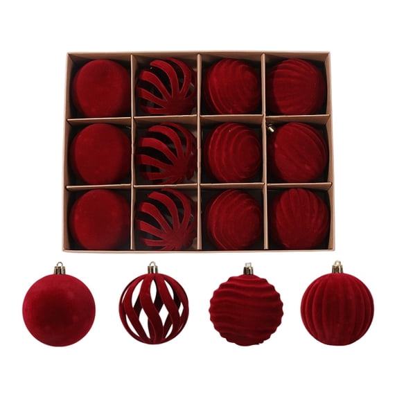 Christmas Ornaments Set of 12 Flocked Velvet Balls 3.15" Shatterproof Hanging Baubles, Elegant Velvet Tree Decorations for Indoor Outdoor Holiday Pendants, Red