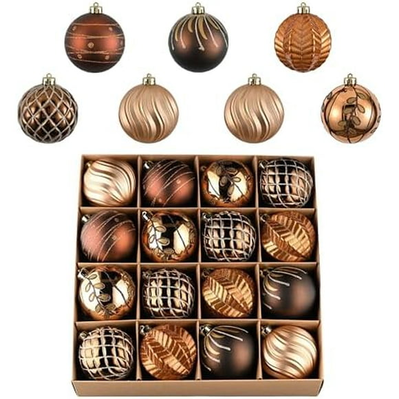 Christmas Ornaments Set, 16ct Bronze Copper and Gold Shatterproof Christmas Tree Decorations Ball Ornaments Bulk, 3.15 Inches Elegant Hanging Ornaments for Xmas Trees Decor