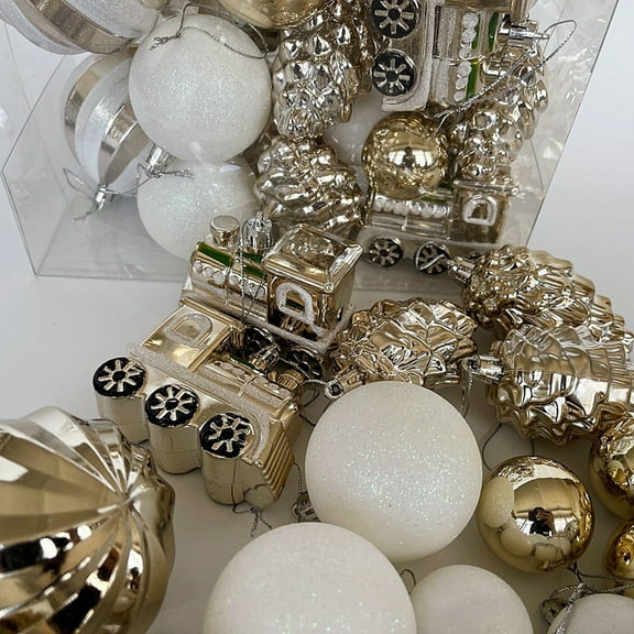 Christmas Ornaments Set 21PCS, White and Champagne Gold Electroplated Decorative Hanging Balls Mixed Shapes, Shatterproof Xmas Tree Decorations for Holiday Party Home Indoor Decor 2025 Trend