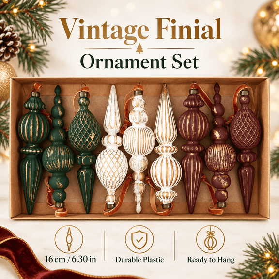 Christmas Ornaments Set 6.30 Inch Vintage Shatterproof Plastic Tree Finials Retro Teardrop Pendants for Holiday Farmhouse Decor