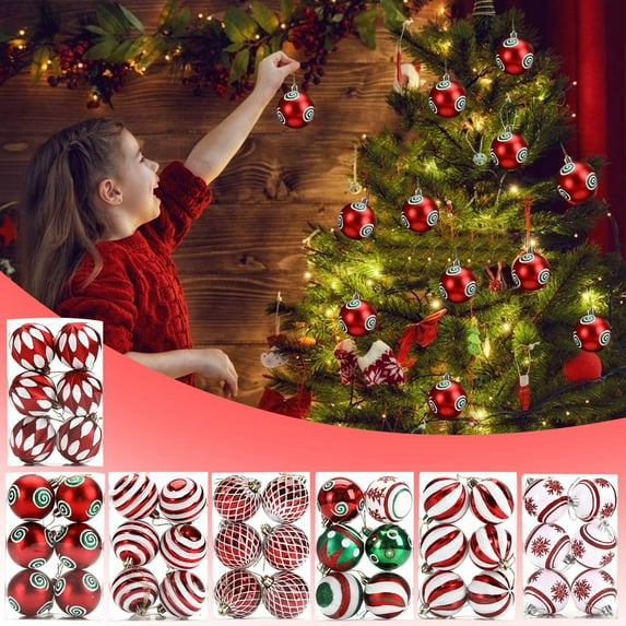 Christmas Ornaments Set, 6ct Candy Cane Red and White Shatterproof Christmas Tree Decorations Set, 2.36 Inch Assorted Decorative Hanging Ball Ornaments for Xmas Holiday Decor
