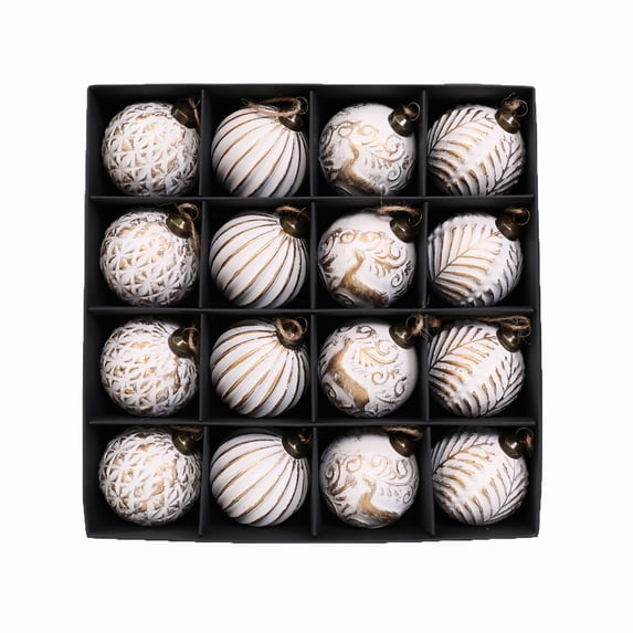 Christmas Ornaments Set White Antique Finish 16 Piece Hanging Balls Christmas Tree Decorations for Farmhouse Home Holiday Party