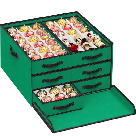 Christmas Ornaments Storage Box 108 Count-4", 16Nutcracker & Figurine Box, Adjustable Holiday Ornament Organizer with 6 Separate Trays(Green)
