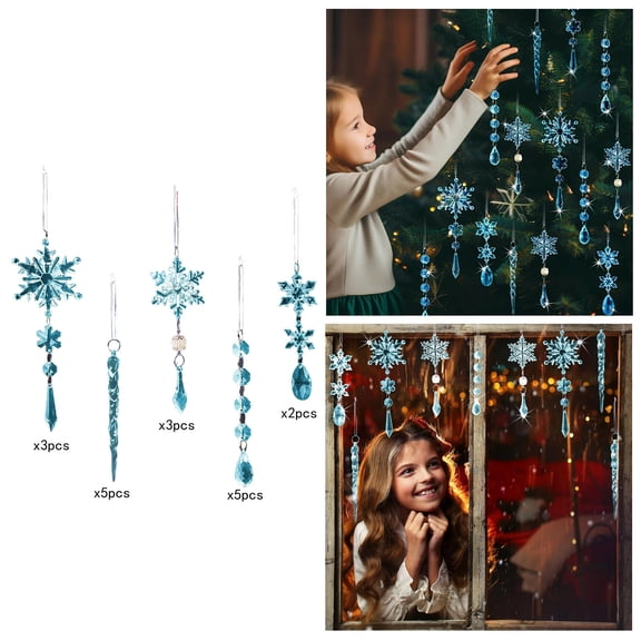 Christmas Ornaments for Tree Decorations Acrylic Snowflake Icicle Crystal Hanging Accessories Drop Pendants for Winter Holiday Party Art Decor Supplies 18 PCS Blue Ornaments