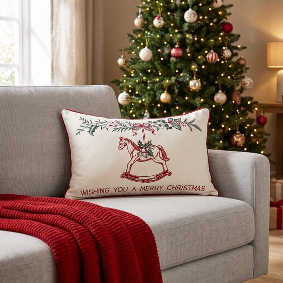 Christmas Ornaments, Vintage Rocking Horse Embroidery Cushion Cover, Vintage Christmas Decor, Christmas Pillow Covers, for Xmas Tree, Home, Party, Holiday Christmas Decorations