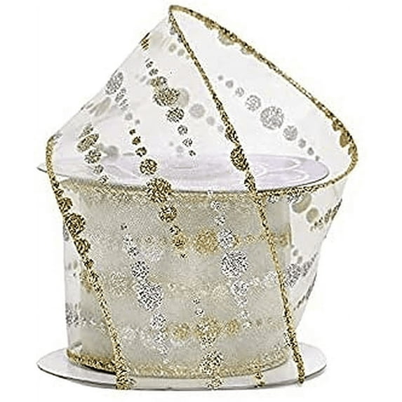 Christmas Ornaments Wired Sheer Ribbon – 2 1/2” x 10 Yards, Gold & Silver Glitter, Wreath, Vintage Ribbon for Crafts, Gift Wrap, Anniversary, Wedding