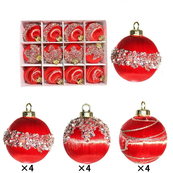 Christmas Ornaments Xmas Balls Decoration for Tree - Pack of 12 Luxury Christmas Tree Decorations Shatterproof Satin Glitter Xmas Bulbs Set (Red)