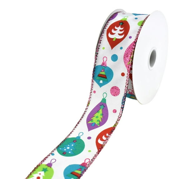 Christmas Ornaments and Polka Dots Wired Ribbon, 1-1/2-Inch, 10-Yard - Lime/Fuchsia