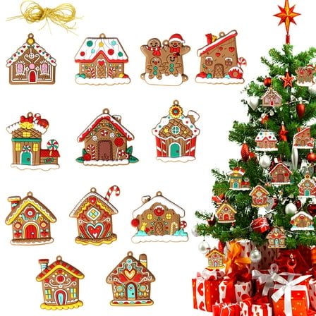 Christmas Ornaments for Tree Decorations 12PCS Christmas Gingerbread House Ornaments for Holiday Xmas Tree Christmas Crafts Party Home Decorations