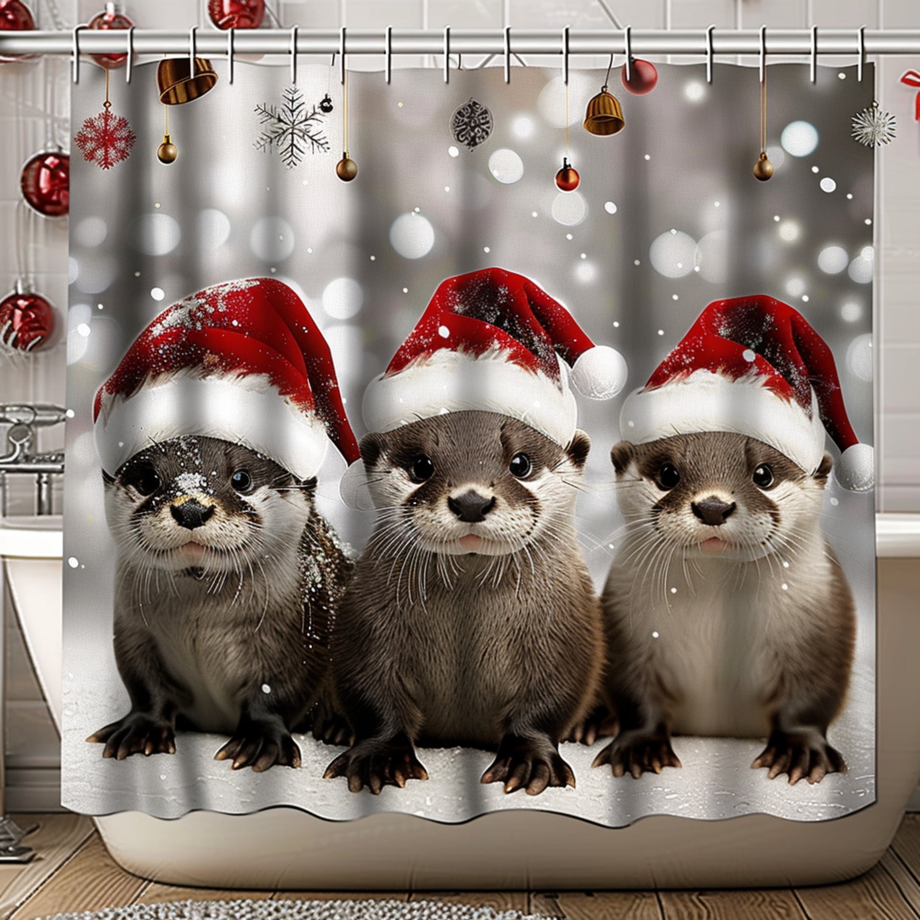 Christmas Otters Shower Curtain Cute Santa Hat Babies in Snowy Scene