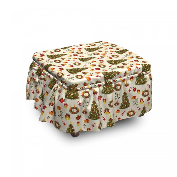 Christmas Ottoman Cover, Poinsettia Flowers, 2 Piece Slipcover Set with Ruffle Skirt for Square Round Cube Footstool Decorative Home Accent, Standard Size, Olive Green Yellow, by Ambesonne