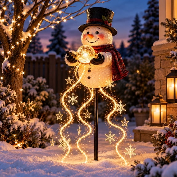 Christmas Outdoor Decorations, Cute Snowman Magic Fountain, Flowing Snowflake LED Christmas Garden Solar Light, Snowman Magic Fountain with Cascading Stars, Warm Glow, (1PC, 23.6")