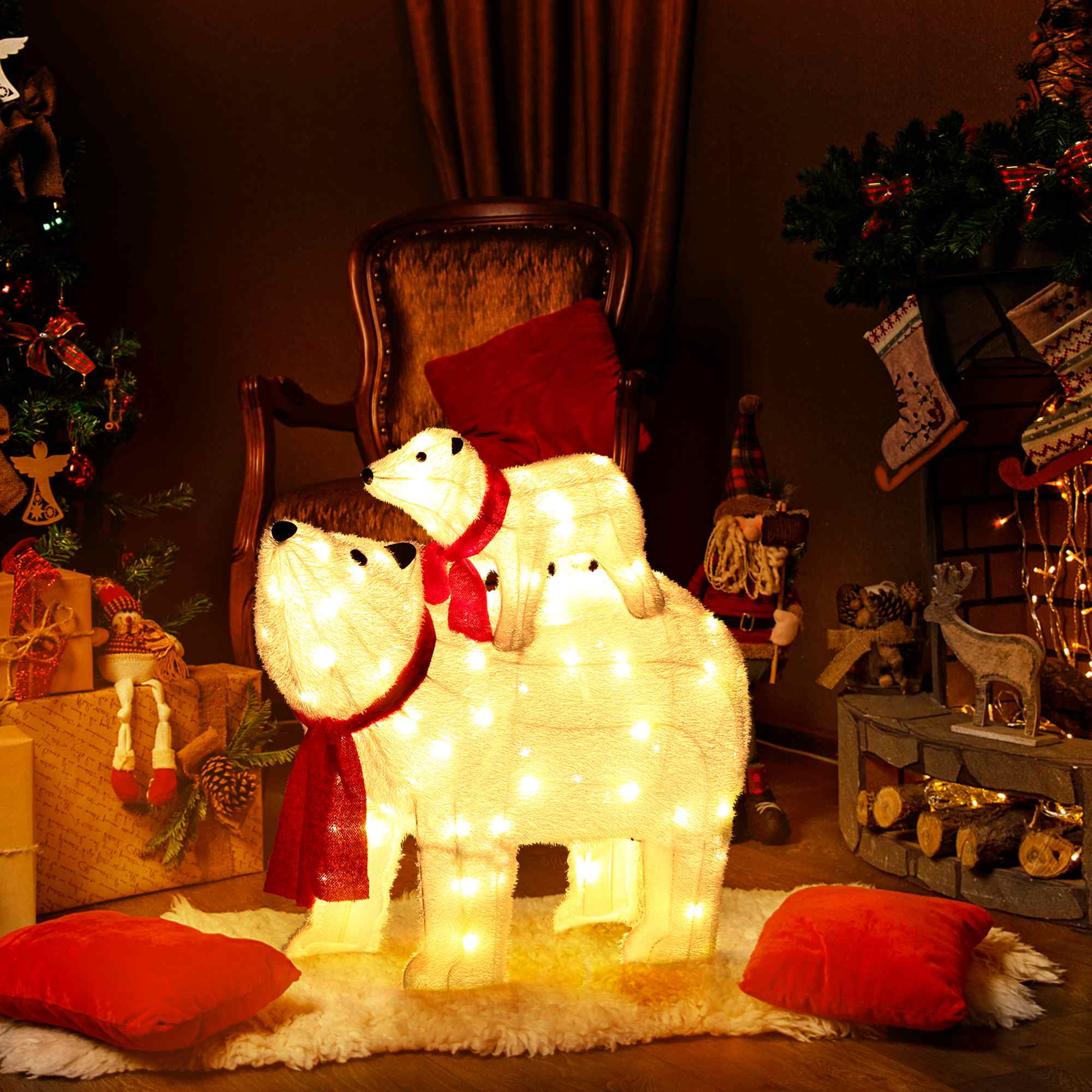 Christmas Outdoor Lighted Christmas Decoration, 28 inch Plush 120 LED Bear Decor, Indoor Holiday