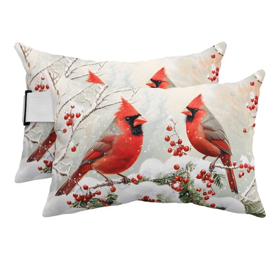 Christmas Outdoor Pillows for Chaise Lounge Chair Beach Headrest Pillow Set of 2 Waterproof Lumbar Pillows with Insert&Strap Red Birds Snowflake Berry Botanical Pillow for Patio Pool 12"x20"