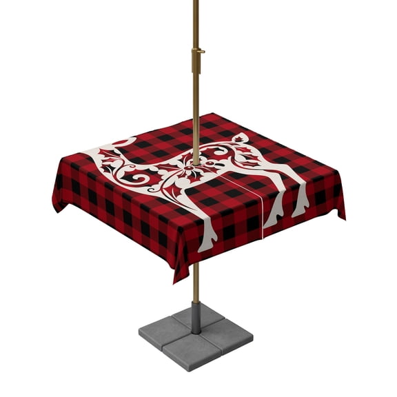 Christmas Outdoor Rectangle Tablecloth with Umbrella Hole 54"x54", Abstract Deer Leaf Texture Red Black Buffalo Plaid Waterproof Zippered Table Cloth Wrinkle Free Wipeable Desk Covers for Patio Party